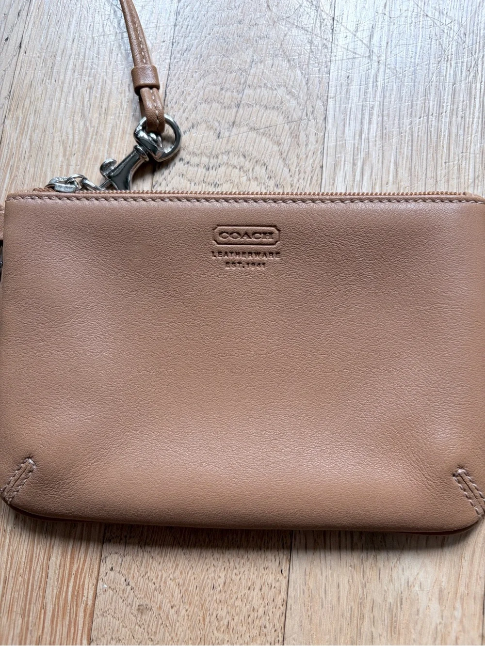 Coach Pebbled Leather Wristlet in Light Tan